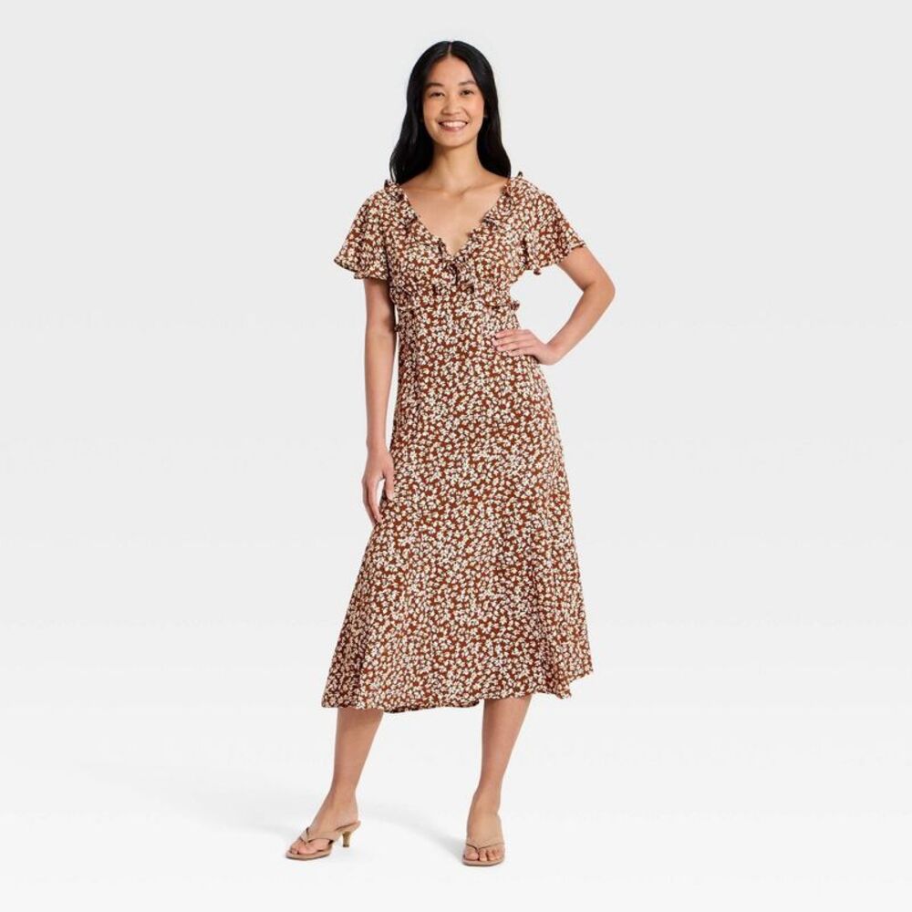 Women's Short Flutter Sleeve V-Neck Midi Dress - A New Day Brown XL